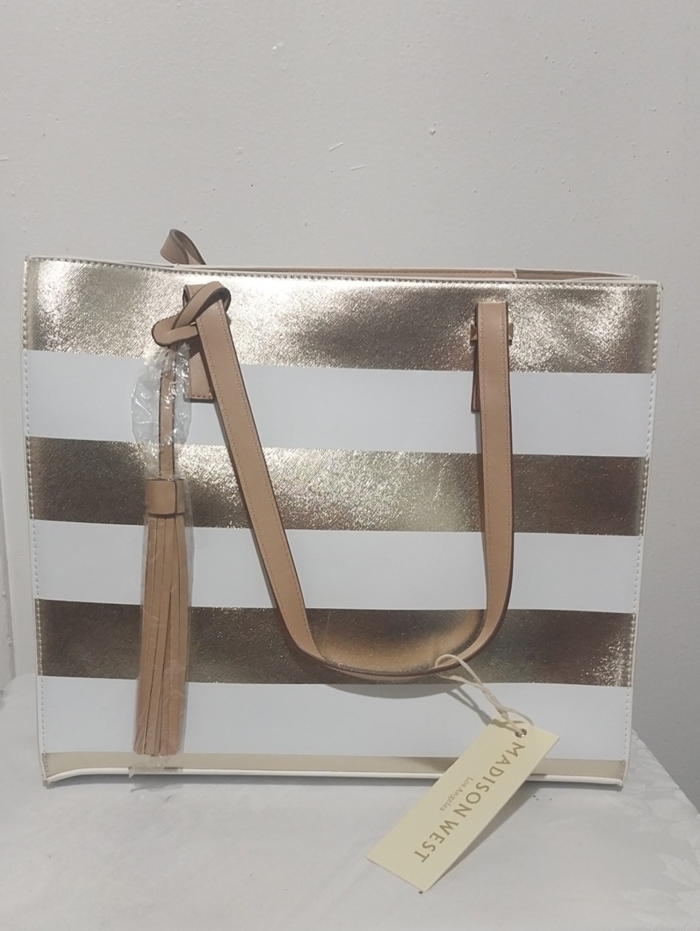 Madison West Metallic Gold and White Stripe Tote with Tan Handles